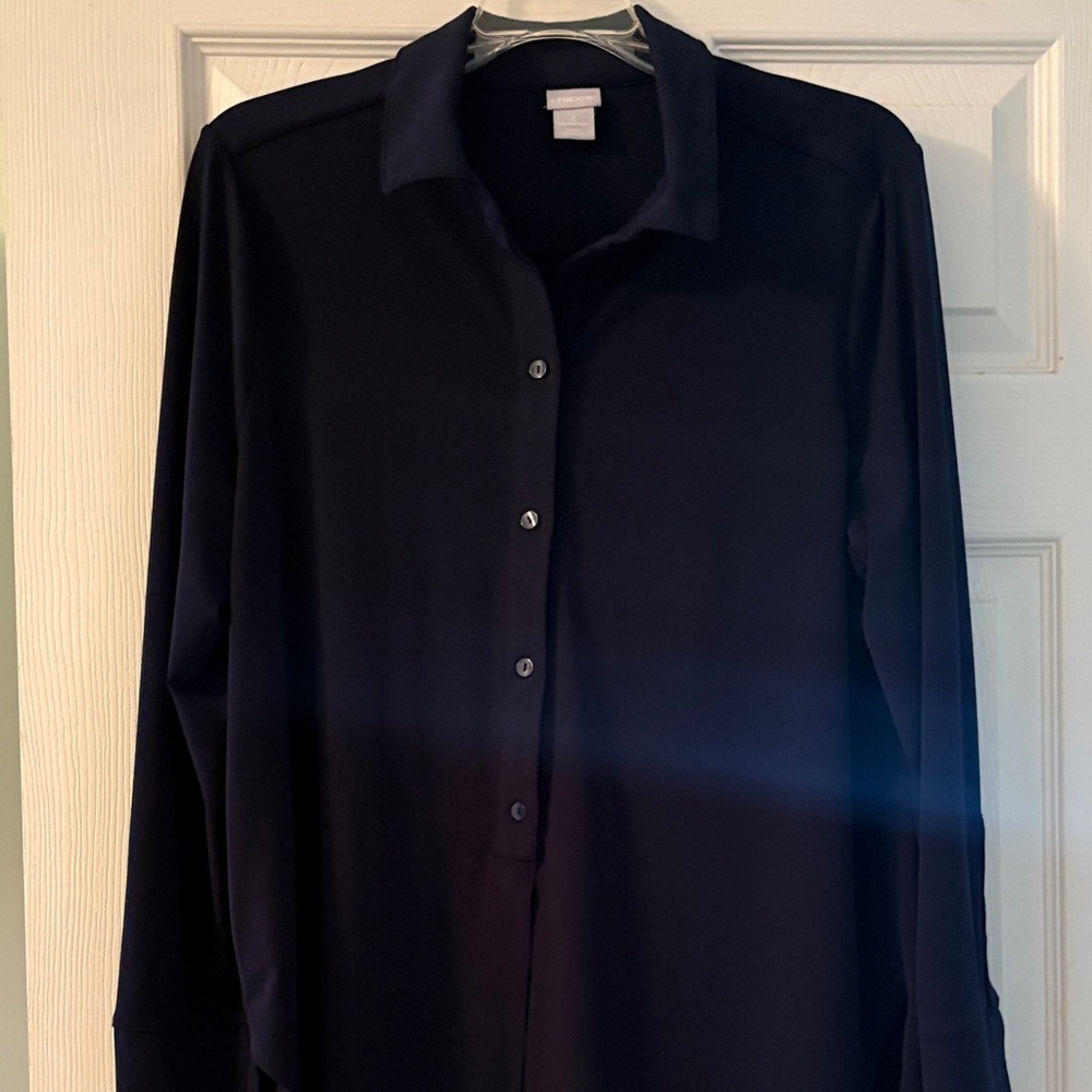 Chico’s Size 2 Navy Blue Long Tunic Half Button Shirt